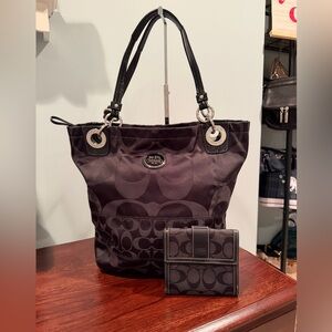 Coach Alex Signature Sateen BlackTote with wallet